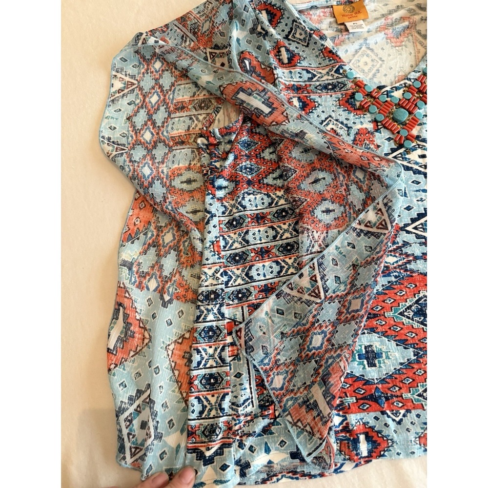 Ruby Rd Petite Aztec Embellished Tank Top Rust Turquoise Medium PS - Picture 4 of 7